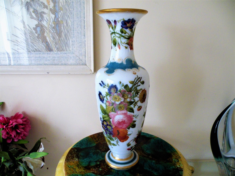 a superb large mid 19th century enamelled opaline glass vase