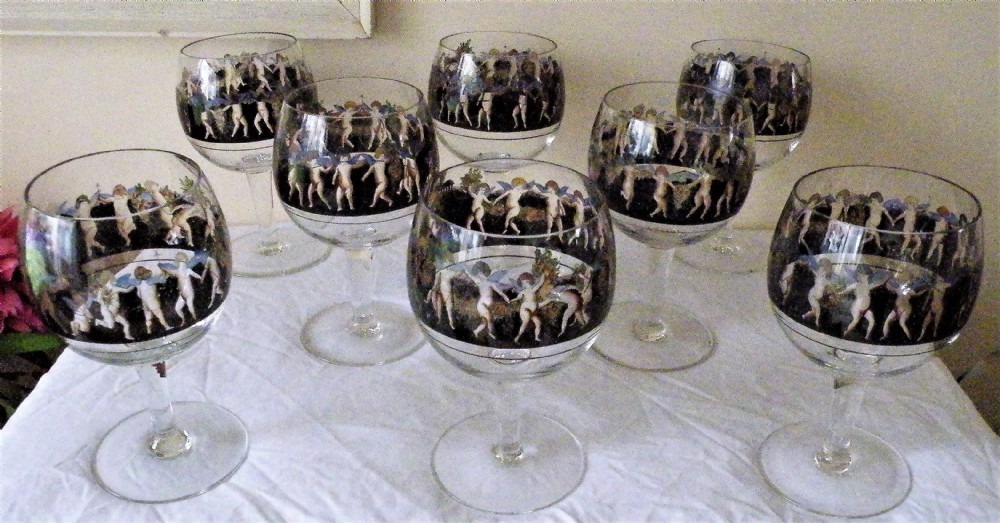 a very rare set of 8 art deco large vedar enamelled cocktail glasses by vetri d'arte fontana milano circa 1930s