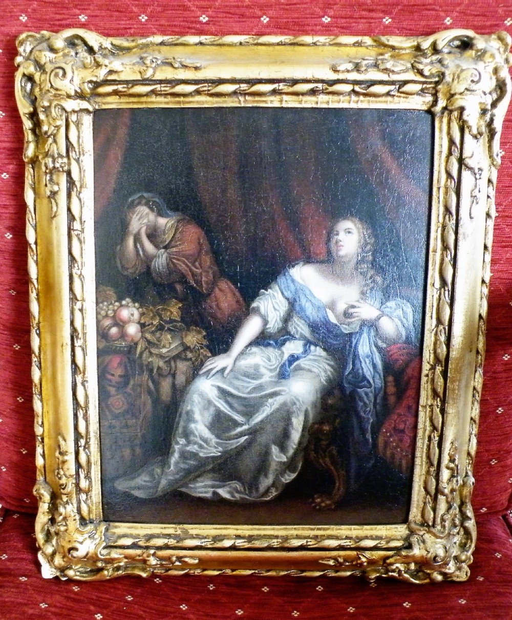 cleopatra and the asp oil painting on oak panel early 18th century german school