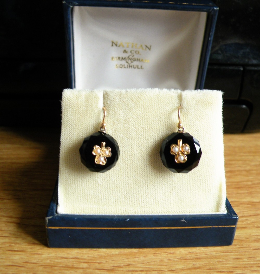 a pair of victorian onyx and half pearl earrings gold mounts