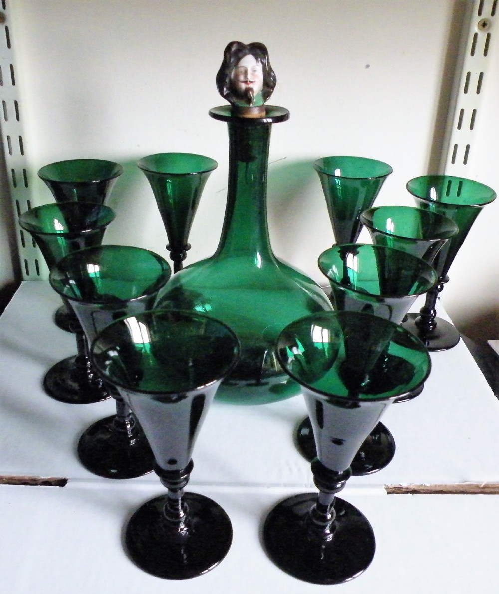a rare georgian bristol green glass drinks set decanter and 10 glasses