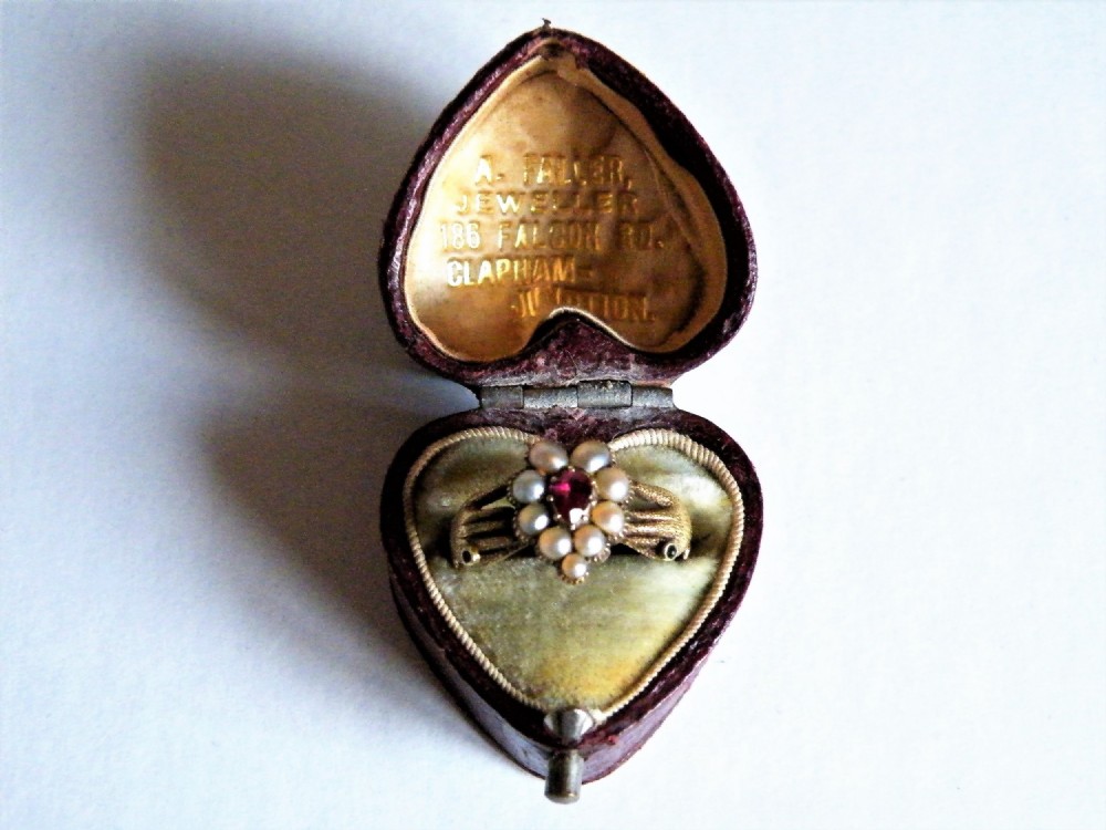 a very rare georgian gold ruby and pearl heart shape lovers ring with hands