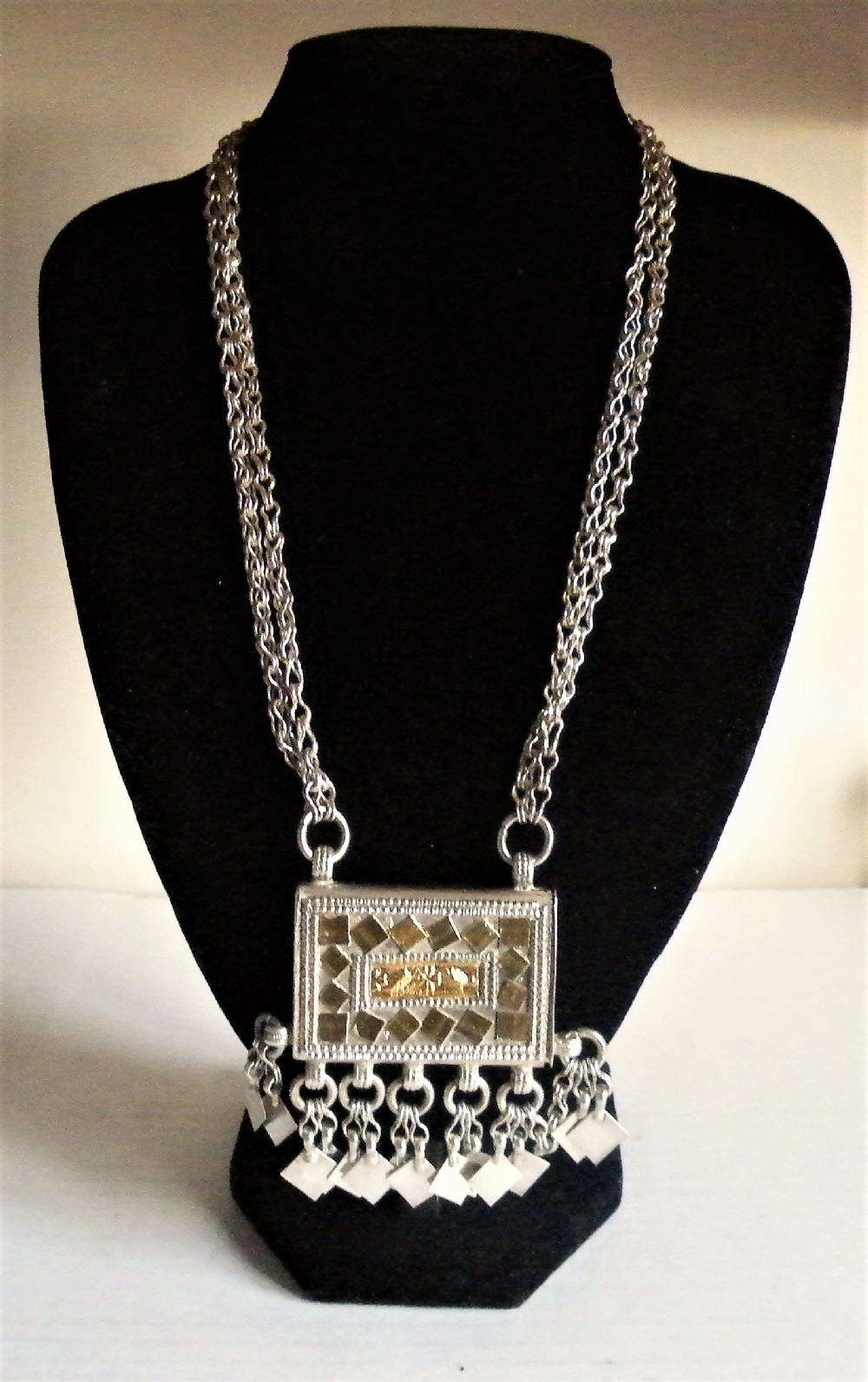 a vintage antique omani bedouin silver amulet prayer box and chain