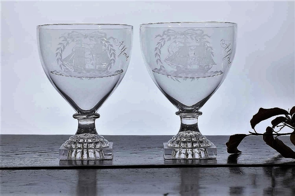 a fine pair of 18th century shipping rummers engraved alfred circa 1780