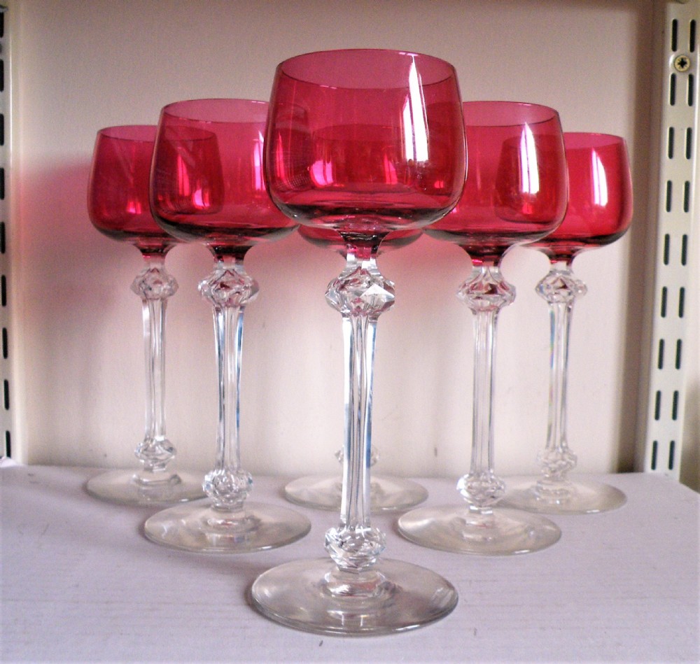 a fine set of 6 late 19th century cranberry bowl hock wine glasses