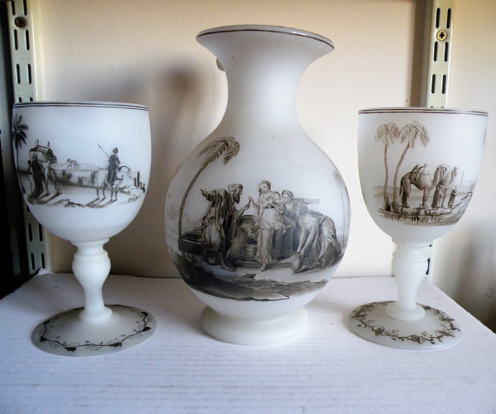 an early 19th century richardsons vitrified enamel opaline glass jug and pair of goblets set with arab scenes