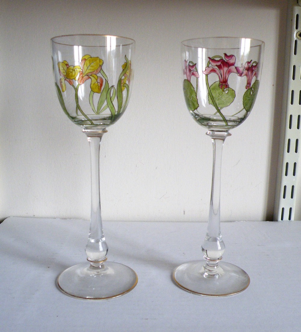 a fine tall pair of art nouveau thereseinthal austrian hock glass with enamelled flowers circa 1905