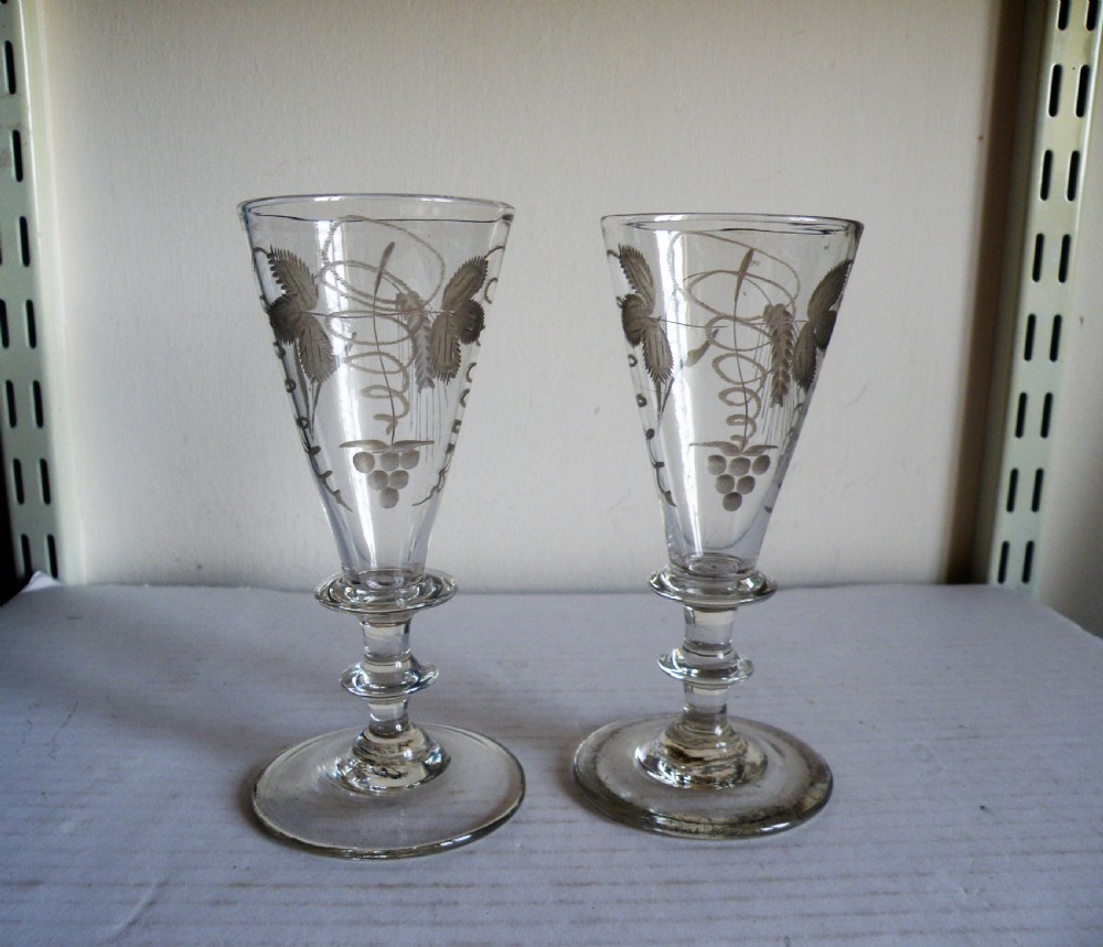 a pair of 18th century short ale glasses engraved hops and barley circa 1790
