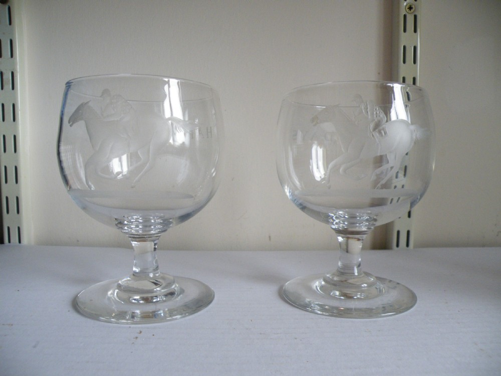 a good large pair of horse racing interest glass goblets