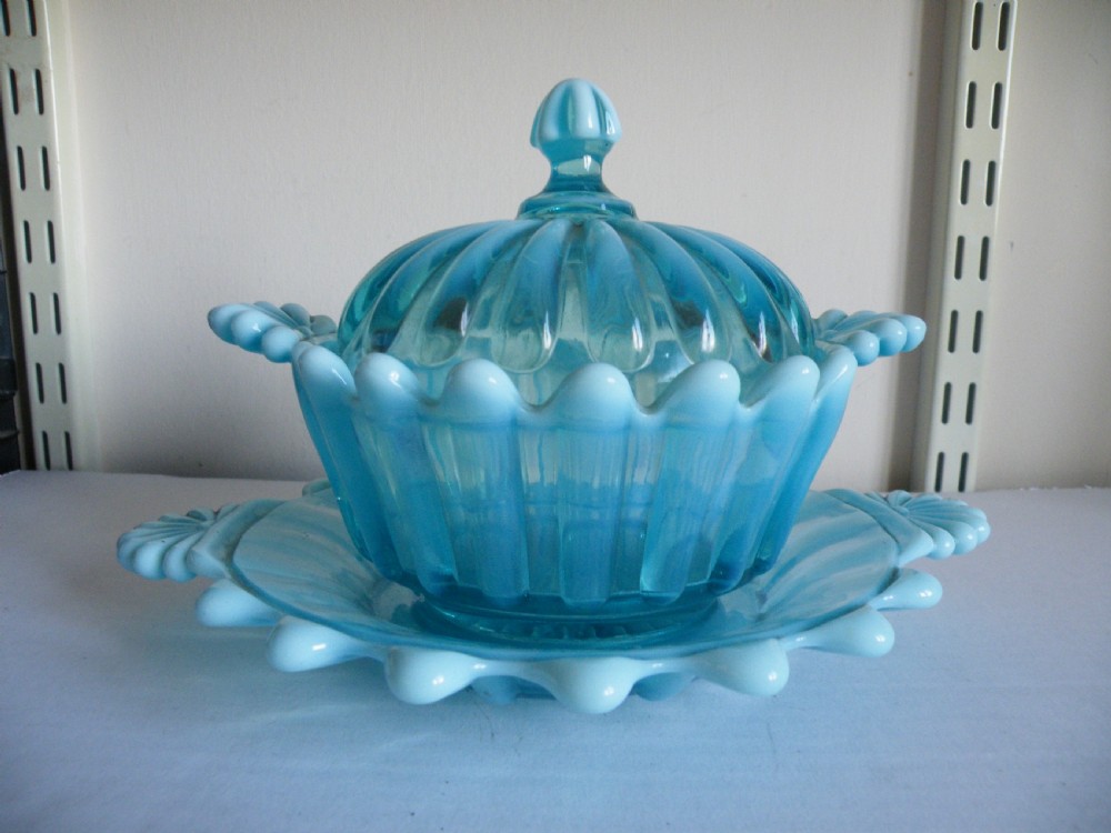 a large antique geo davidson blue pearline glass butter dish cover and stand